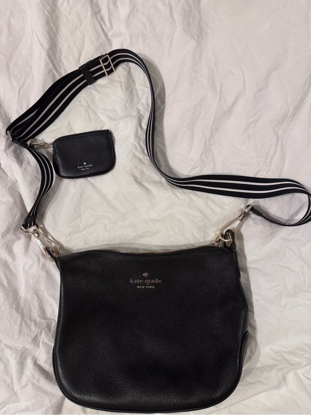 kate spade Black Pebbled Leather Crossbody with Striped Strap and Coin Pouch